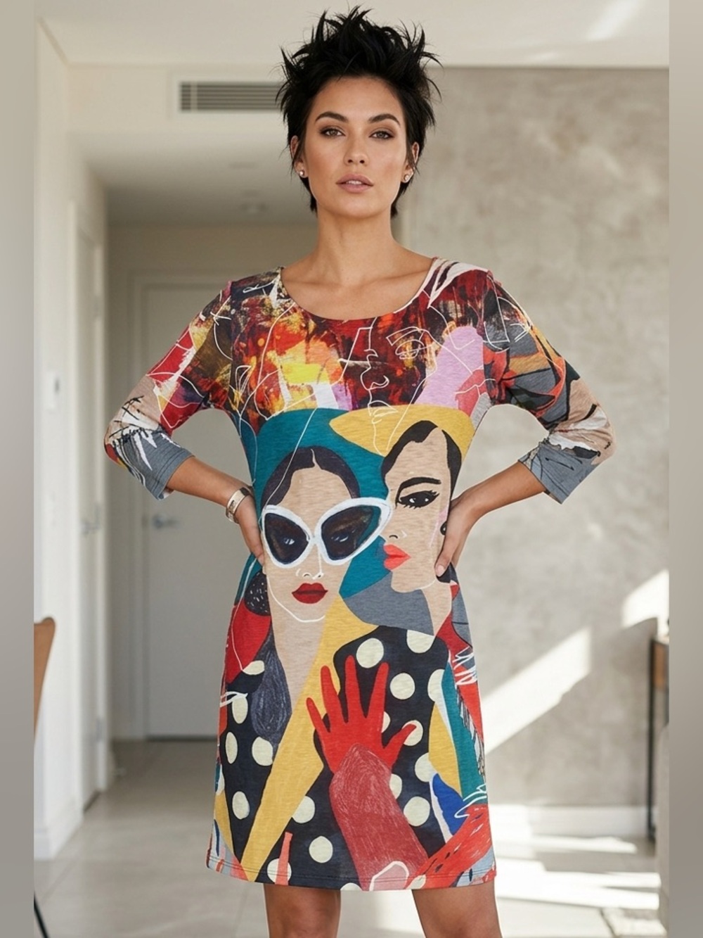 INOAH Art Shift Dress w pockets in a Bold graphic  3/4 length sleeve Size Small